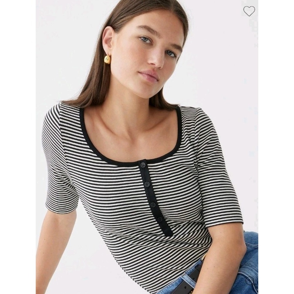 J Crew NWT Vintage Rib Henley Tshirt Stripe Scoop Neck Black White Medium